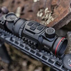 IRay Mate MAH50 | 50mm Clip-On Thermal W/ 2400 Yard Range 30 IRay Mate MAH50 | 50mm Clip-On Thermal W/ 2400 Yard Range -Tactical Equipment gallery image close up top view photo of iray mate mah50 equipped on rifle